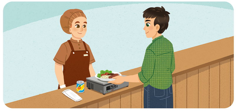 Ilustração de uma pessoa em um restaurante de comida vendida por quilopesando seu prato em uma balança digital.  Há uma atendente a sua frente atraz de um balcão. 