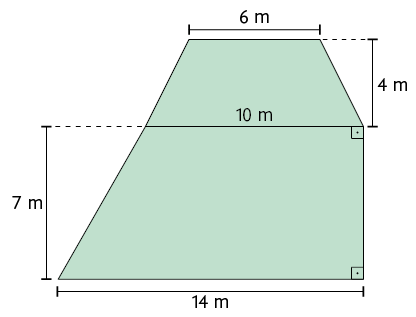 Ilustração de dois trapézios, um em cima do outro, alinhados. O trapézio de baixo é retângulo e tem a base maior medindo 14 metros, base menor de 10 metros e altura de 7 metros. O trapézio de cima tem a base maior medindo 10 metros, base menor medindo 6 metros e altura de 4 metros.