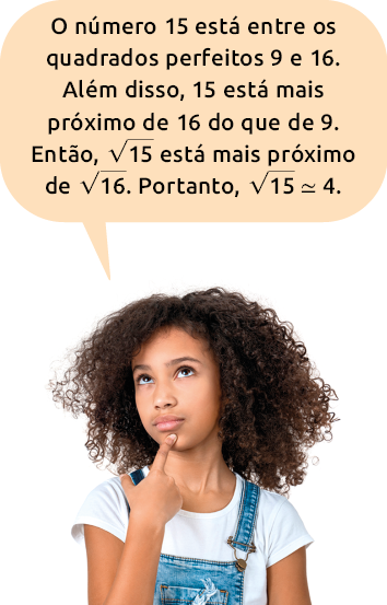 Fotografia de uma menina com a mão no queixo e acima, um balão de fala: 'O número 15 está entre os quadrados perfeitos 9 e 16. Além disso, 15 está mais próximo de 16 do que de 9. Então, raiz quadrada de 15 está mais próximo de raiz quadrada de 16. Portanto, raiz quadrada de 15 é aproximadamente 4.'.