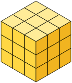 Ilustração de um cubo composto por cubos menores. Em seu comprimento, largura e altura há 3 cubos.