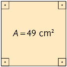 Ilustração de um quadrado com seus 4 ângulos internos retos demarcados. Há a indicação de que a área dele mede 49 metros quadrados.