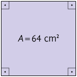 Ilustração de um quadrado com seus 4 ângulos internos retos demarcados. Há a indicação de que a área dele mede 64 metros quadrados.