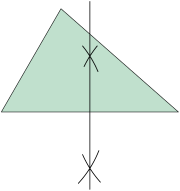 Ilustração de um triângulo escaleno, sua base está dividia ao meio por um segmento de reta traçado por um compasso, nas extremidades deste segmento há 2 arcos deixados pelas marcas do compasso, essas marcas foram obtidas pelo compasso com a ponta seca nos 2 vértices adjacentes à base do triangulo. 