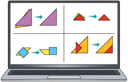 Ilustração de um computador. Sua tela está dividida em quatro partes. Na parte de cima, à esquerda, está indicado que o triângulo roxo e o triângulo amarelo se sobrepõem. Na parte de cima, à direita, está indicando que o triângulo verde e o triângulo vermelho se sobrepõem. Na parte de baixo, à esquerda, está indicado que o quadrado azul e o paralelogramo amarelo não se sobrepõem. Na parte inferior, à direita, está indicado que as medidas dos ângulos do triângulo laranja são iguais as medidas dos ângulos do triângulo vermelho. O triângulo vermelho é menor que o triângulo laranja.