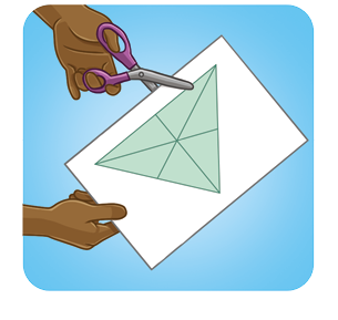 Ilustração de um papel com o desenho de um triângulo e suas medianas. Há duas mãos cortando o papel com uma tesoura.
