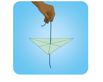Ilustração de uma mão segurando uma extremidade de uma linha. Na outra extremidade um pedaço de papel em forma de triângulo, com suas medianas desenhadas, com o barbante passando pelo seu baricentro.  A folha está em posição horizontal. 