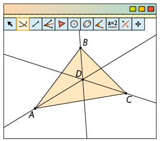 Ilustração de uma página de computador com um software de geometria dinâmica. Há vários botões de ferramentas e um com o desenho de um cruzamento de arco e reta está selecionado. Ainda na aba, está desenhado um triângulo com os vértices, em sentido horário, A, B e C e suas respectivas bissetrizes, que se cruzam no ponto D.