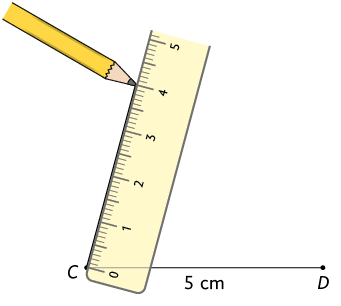 Ilustração de um segmento de reta C D, com 5 centímetros de medida de comprimento e há uma régua com o marco 0 posicionado no ponto C, há um lápis traçando outro segmento de reta de comprimento medindo 4 centímetros partindo de do ponto C de maneira oblíqua.