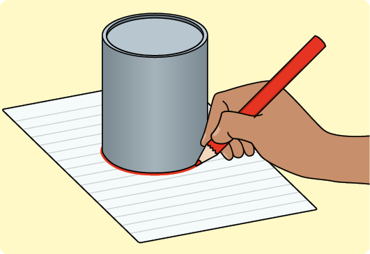Ilustração de uma folha de papel com uma lata em cima e uma pessoa com um lápis vermelho utilizando a base da latinha para desenhar uma circunferência na folha.  