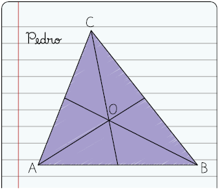 Ilustração de uma folha de caderno escrito Pedro e o desenho de um triângulo com vértices, em sentido anti-horário, A, B e C. Há três segmentos, cada um tem extremidade em um dos vértices e a outra extremidade dividida ao meio o lado oposto ao vértice, todas se cruzam no ponto O.