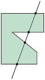 Ilustração de um polígono de sete lados e uma reta o cruzando, passando em quatro pontos, cada um em lados diferentes.