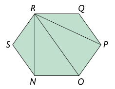 Ilustração de um polígono convexo de 6 lados N O P Q R S. Com 3 diagonais traçadas. Uma ligando os vértices N e R, outra ligando os vértices O e R e outra ligando os vértices P e R.  