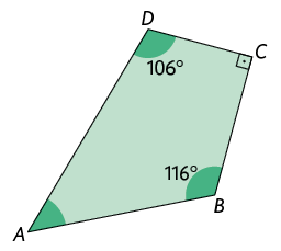 Ilustração de um polígono de quatro lados A B C D. O ângulo do vértice C mede 90 graus. O ângulo do vértice D mede 106 graus. O ângulo do vértice B mede 116 graus. Não está indicado a medida do ângulo de vértice A.