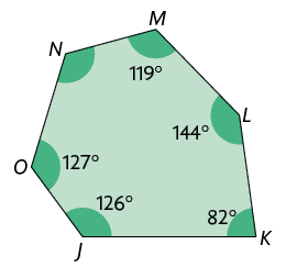 Ilustração de um polígono de 6 lados J K L M N O. O ângulo do vértice: J mede 126 graus, K mede 82 graus, L mede 144 graus, M mede 119 graus, O, mede 127 graus. Não está indicado a medida do ângulo de vértice N. 