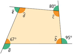 Ilustração de um polígono convexo de quatro lados com seus ângulos internos e externos demarcados. Os ângulos internos são: 67 graus, b, c, d. Os respectivos ângulos externos são: a, 95 graus, 80 graus, e. 