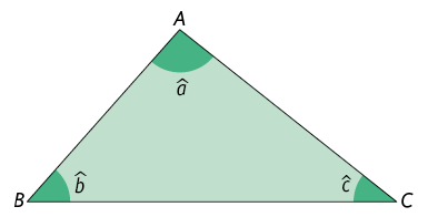 Ilustração de um triângulo A maiúsculo, B maiúsculo, C maiúsculo, e seus respectivos ângulos internos, a minúsculo, b minúsculo, c minúsculo.