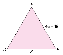 Ilustração de um triângulo D E F. A medida do lado D E mede x. A medida do lado E  F mede 4 x menos 18.  
