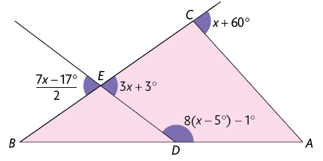 Ilustração de um triângulo A B C, há um ponto D sobre o lado A B que o divide ao meio. Do ponto D parte uma semirreta cruzando o lado B C formando o triângulo A B E. A outra parte do triângulo A B C formou, da divisão da semirreta com origem em D um quadrilátero A B E C. O ângulo D interno ao quadrilátero tem medida: 8 vezes, abre parênteses, x menos 5 graus, fecha parênteses, menos 1 grau. O ângulo E interno ao quadrilátero tem medida 3x mais 3 graus. O ângulo externo C mede x mais 60 graus. O ângulo externo E ao triângulo B D E, mede, início de fração, numerador: 7x menos 17 graus, denominador: 2, fim d efração.