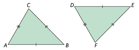 Ilustração de dois triângulos, um ao lado do outro, A B C e D F E. O lado A B tem mesma medida que o lado D E do outro triângulo. O lado B C tem mesma medida que o lado E F do outro triângulo. O lado A C tem mesma medida que o lado D F do outro triângulo.