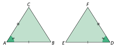 Ilustração de dois triângulos, um ao lado do outro, A B C e E D F. O lado A B tem mesma medida do lado E D do outro triãngulo. O lado A C tem mesma medida do lado D F do outro triângulo. O ângulo do vértice A tem a mesma medida do ângulo do vértice D do outro triângulo.