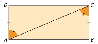 Ilustração de uma figura formada por um retângulo de vértices, em sentido anti-horário, A, B, C e D. A diagonal do retângulo o divide em dois triângulos. O lado do triângulo de baixo, que liga os vértices B e C, e o lado que liga os vértices A e D, do triângulo de cima, tem o mesmo tamanho. O ângulo do vértice A, do triângulo de cima, e o ângulo do vértice C, do triângulo de baixo, tem o mesmo tamanho.