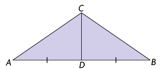 Ilustração de dois triângulos, com um lado, vertical ao centro, em comum. O da esquerda possui vértices, em sentido anti-horário, A, D e C. O da direita possui vértices, em sentido anti-horário, B, C e D. O lado A D e o lado D B tem o mesmo tamanho.