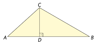 Ilustração de dois triângulos, com um lado vertical em comum. O da esquerda tem os vértices, em sentido anti-horário, A, D e C, e o da direita, B, C e D. O lado comum aos dois, com extremidade em C e em D, forma um ângulo de 90 graus com o lado de extremidades A e B. 