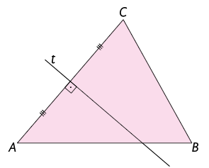 Ilustração com uma reta t e um segmento de reta, com extremidades A e C, se cruzando, formando um ângulo de 90 graus. A reta t cruza o segmento ao meio. Há um triângulo de vértices, em sentido anti-horário, A, B e C, onde B se encontra à direita do segmento de extremidades A e C. e acima da reta t.