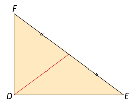 Ilustração de um triângulo D E F. Há um segmento com uma extremidade no vértice D e outra extremidade na metade do lado E F dividindo-a ao meio.