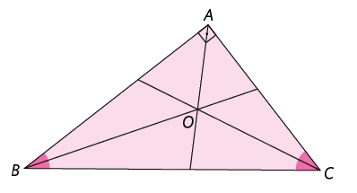 Ilustração de um triângulo retângulo A B C com base B C. Há um ponto O no cruzamento das bissetrizes internas do triângulo. O ângulo A é reto e os ângulos B e C estão destacados.