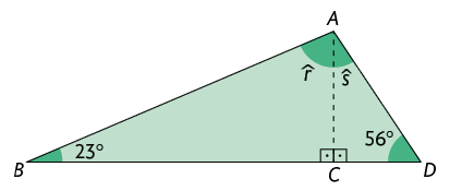 Ilustração de um triângulo com vértices A, B, D, com A D sendo a base. Há um segmento de reta partindo do vértice A até o ponto C na base, a 90 graus. Formando 2 triângulos retângulos A C B e A C D, retos em C. No triângulo A C B, o ângulo B mede 23 graus e o ângulo no vértice A mede r, no triângulo A C D, o ângulo D mede 56 graus e o ângulo no vértice A mede s.