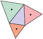 Ilustração de um triângulo qualquer no centro e 3 triângulos equiláteros nos lados do triângulo central. Cada um dos 3 triângulos equiláteros tem um lado em comum com o triângulo do centro. Há um ponto em cada baricentro dos 3 triângulos equiláteros.