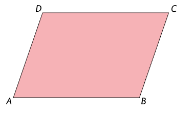 Ilustração de um paralelogramo A B C D. Com a base A B oposta ao lado D C e o lado A D oposto ao lado B C.