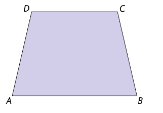 Ilustração de um trapézio A B C D. Com a base maior A B oposta a base menor D C e o lado A D oposto ao lado B C.