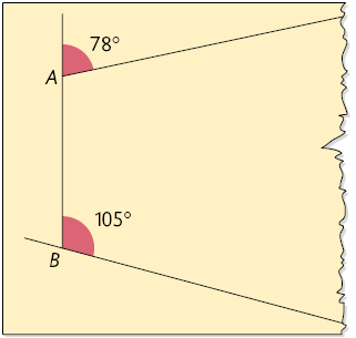 Ilustração de um pedaço de papel rasgado com a parte esquerda de um quadrilátero, no segmento A B o ângulo interno, B, mede 105 graus e a medida do ângulo externo e suplementar, A, é 78 graus.