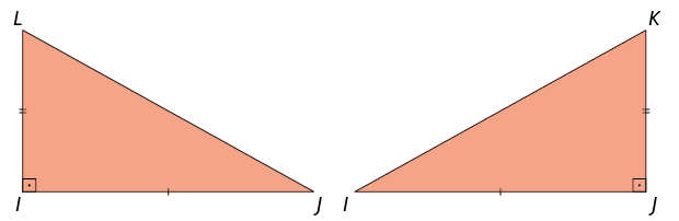 Ilustração de 2 triângulos retângulos I J L e J I K. As bases I J dos triângulos e as alturas IL e J K são congruentes. O triângulo I J L é reto em I e o triângulo J I K é reto em J.