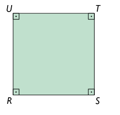 Ilustração de um quadrado R S T U, com todos os ângulos retos destacados.