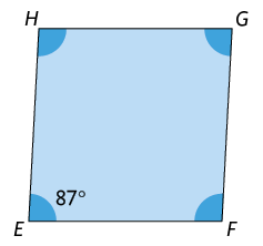 Ilustração de um paralelogramo E F G H, com todos os ângulos destacados. O ângulo interno E mede 87 graus.