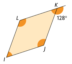 Ilustração de um paralelogramo I J K L, com todos os ângulos destacados. O ângulo externo suplementar K mede 128 graus.