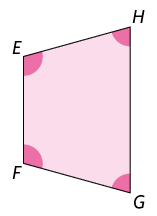 Ilustração de um trapézio E F G H, com todos os ângulos destacados. A base maior H G é oposta a base menor E F e o lado F G é oposto ao lado E H.