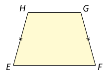 Ilustração de um trapézio isósceles E F G H. A base maior E F é oposta a base menor H G, os lados não paralelos E H e F G são opostos e tem medidas de comprimento iguais.