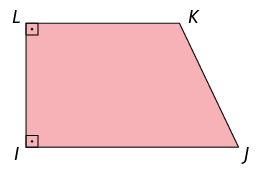 Ilustração de um trapézio retângulo I J K L. A base maior I J é oposta a base menor L K, os lados não paralelos L I e K J são opostos, tem medidas de comprimento diferentes e o lado L I é perpendicular às bases.