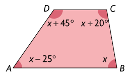 Ilustração de um trapézio de vértices A, B, C e D, com as medidas dos ângulos internos: x menos 25, x, x mais 20, x mais 45, respectivamente.