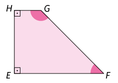 Ilustração de um trapézio E F G H. Os ângulos em H e E medem 90 graus cada um. A medida do ângulo em E é igual ao dobro da medida do ângulo em F.
