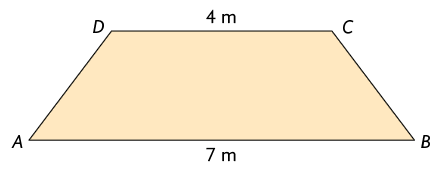 Ilustração de um trapézio isósceles A B C D, com base maior A B medindo 7 metros e base menor C D medindo 4 metros.