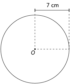 Ilustração de uma circunferência de centro O. Está indicado que a medida do seu raio é de 7 centímetros