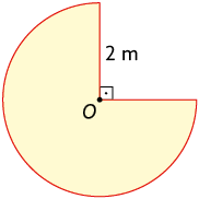 Ilustração de uma figura semelhante a um círculo, de centro O e medida do raio de 2 metros, com a parte superior a direita, equivalente a um quarto do círculo, vazada. Há uma linha vermelha contornando toda a figura. Há a indicação de ângulo reto no menor ângulo em O.