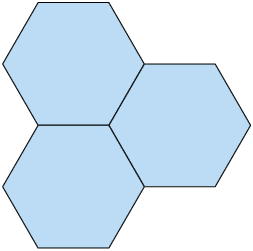 Ilustração de três hexágonos iguais, dois à esquerda, um acima e outro abaixo, e um à direita. Cada hexágono tem dois lados compartilhados, cada um dos lados com um lado dos outros hexágonos.
