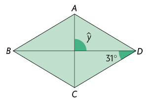Ilustração de um losango A B C D com suas diagonais traçadas, uma horizontal e outra vertical. O ângulo à direita, acima, entre as diagonais, mede y. O ângulo entre à diagonal horizontal e o lado com uma extremidade no vértice D, posicionado à direita, abaixo, mede 31 graus.  