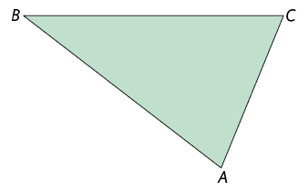 Ilustração de um triângulo de vértices, em sentido horário, A, B e C. O lado B C está acima na horizontal.
